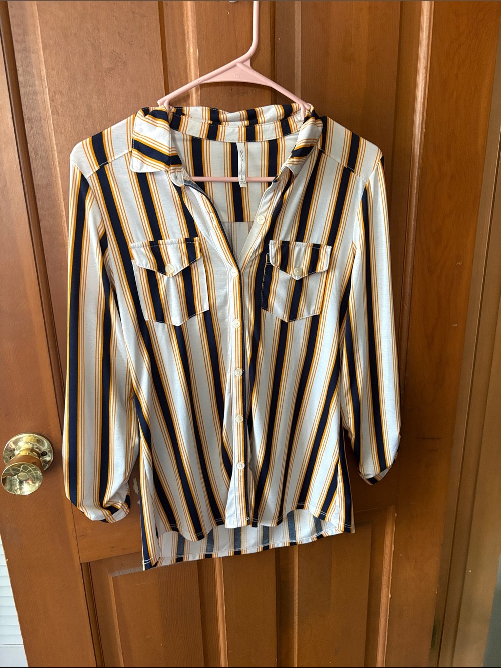 DNA couture Striped Button-Up Shirt in White, Black & Gold